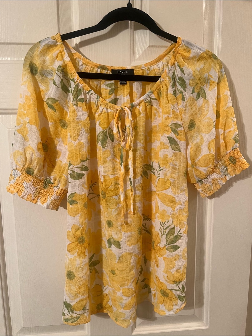 NWOT Women’s Haver London Yellow and Green Floral Tie-Front Peasant Blouse Small